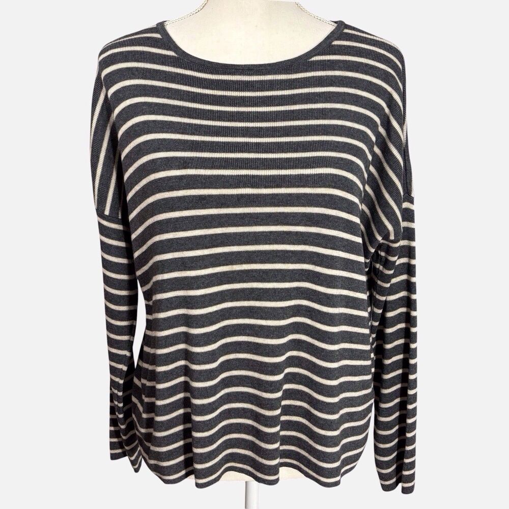 Eileen Fisher Striped Sweater Top Women’s Medium Gray Beige Tencel Merino Wool